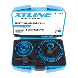 XTLINE Sada vykružovacích korunek 9 dílů | 19-73 mm, plastový box